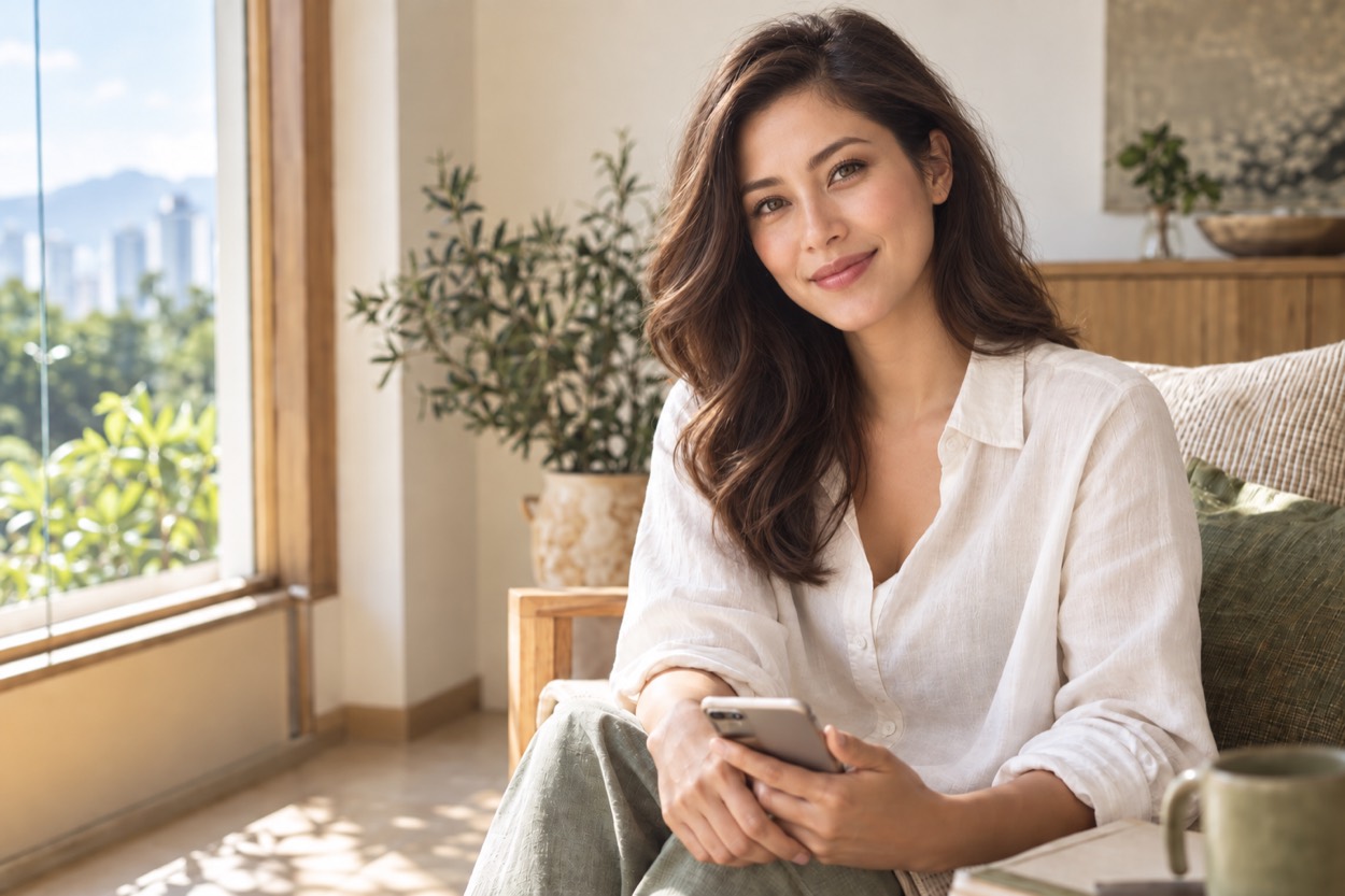 A woman relaxed at home, considering her next step on her phone