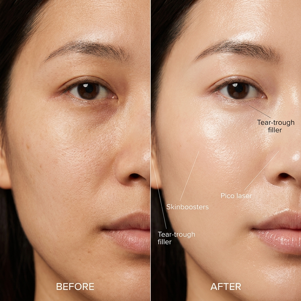 Before and after skin treatment with tear-trough filler, skinboosters and Pico laser