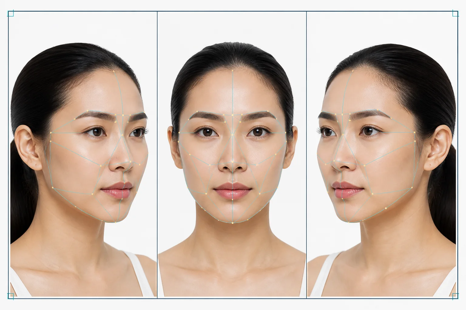 The same example face from the left, front and right, with facial mapping lines