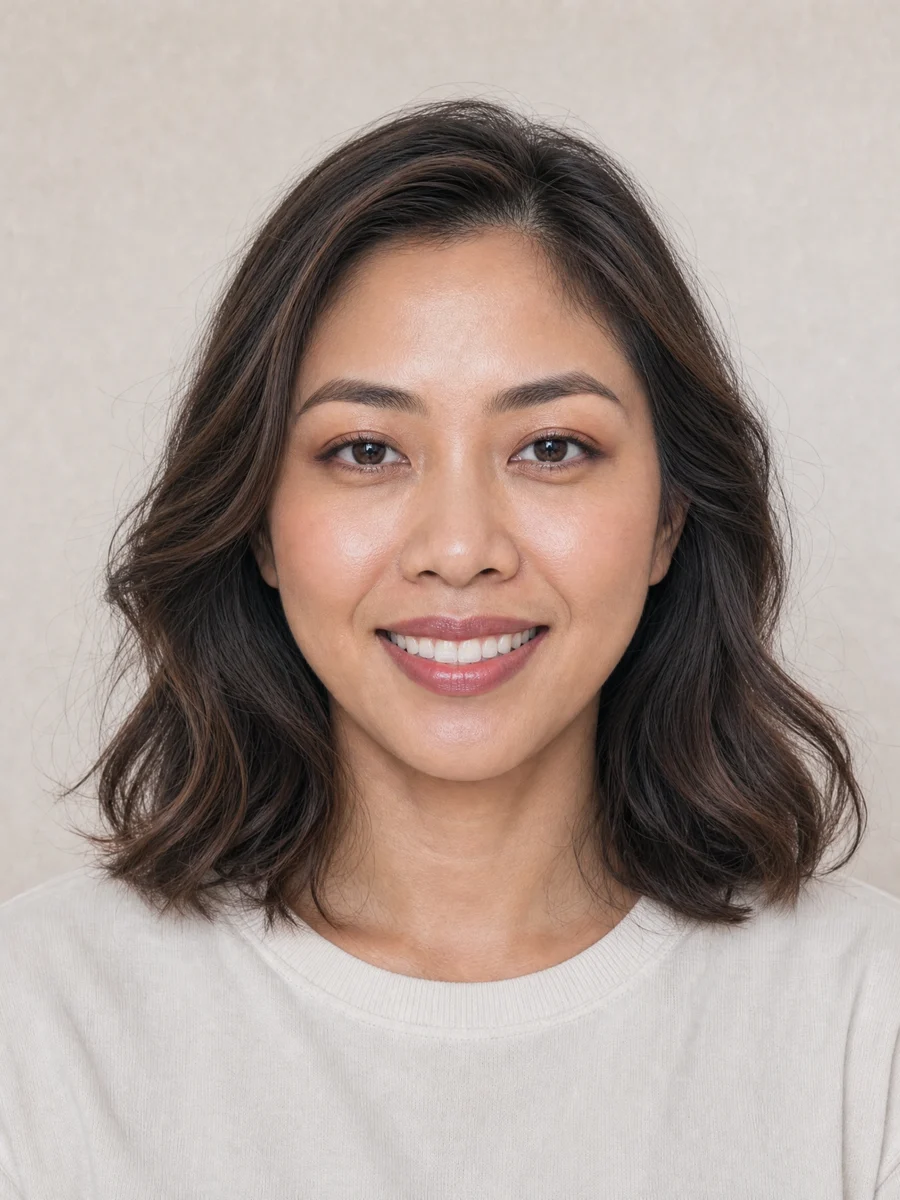 The example woman after a beauty makeover, with clear skin, styled hair and a radiant smile